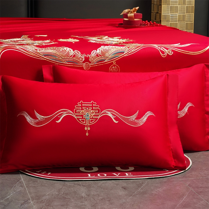 91家纺网 家纺一手货源 找家纺 千禧家纺 2024新款长绒棉绣花婚庆三件套 龙凤合鸣