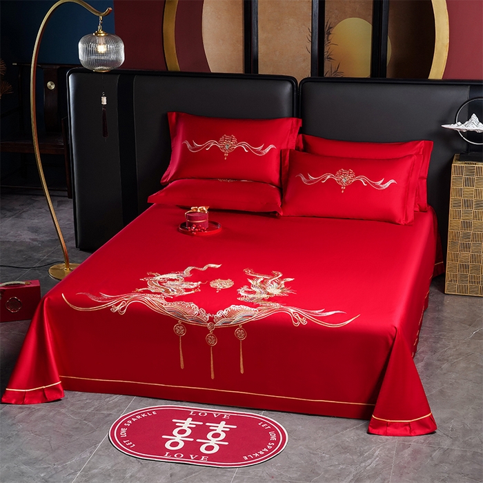 91家纺网 家纺一手货源 找家纺 千禧家纺 2024新款长绒棉绣花婚庆三件套 龙凤合鸣