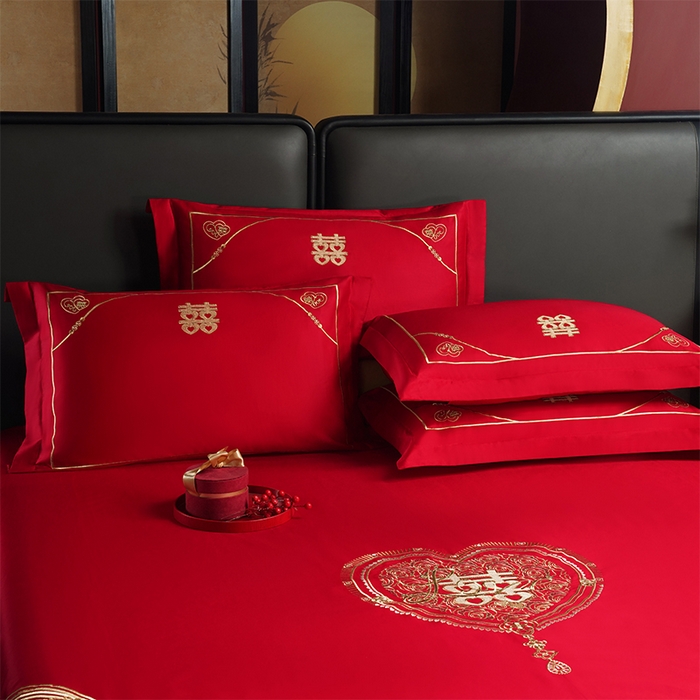 91家纺网 家纺一手货源 找家纺 千禧家纺 2024新款长绒棉绣花婚庆三件套 花开并蒂