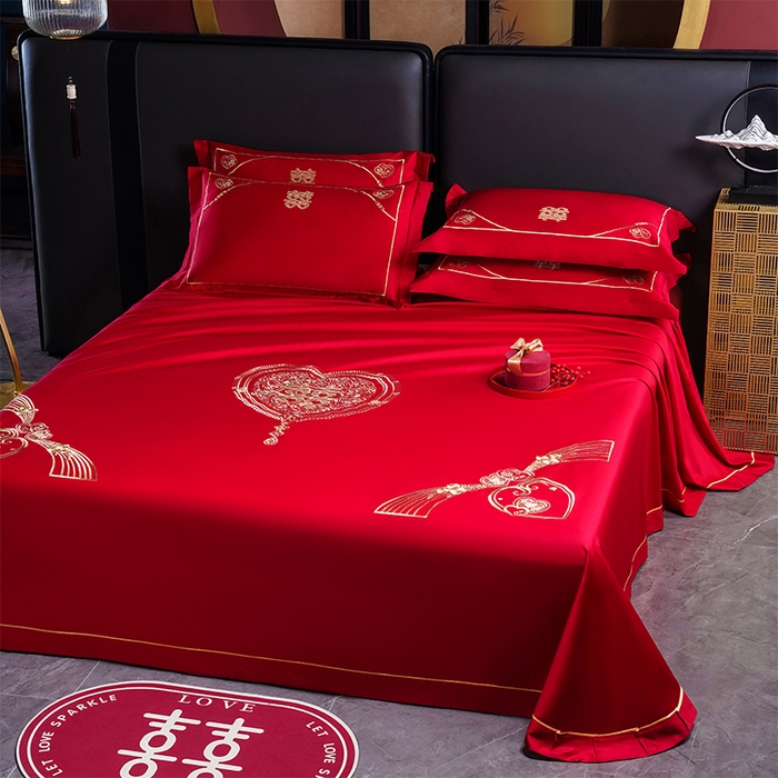 91家纺网 家纺一手货源 找家纺 千禧家纺 2024新款长绒棉绣花婚庆三件套 花开并蒂