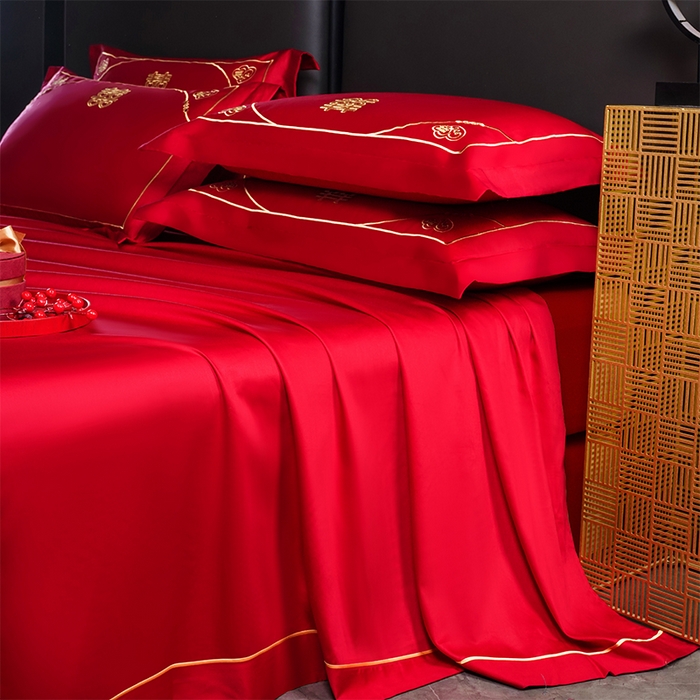 91家纺网 家纺一手货源 找家纺 千禧家纺 2024新款长绒棉绣花婚庆三件套 花开并蒂