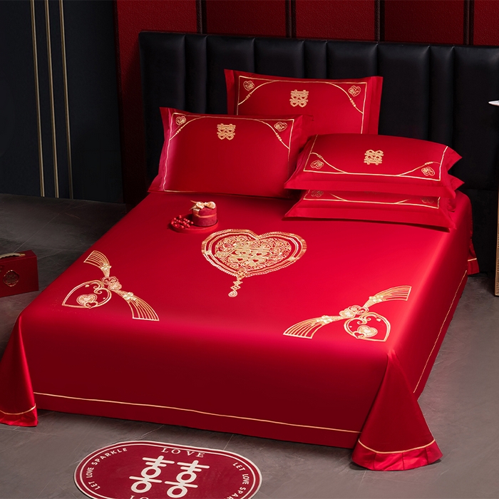 91家纺网 家纺一手货源 找家纺 千禧家纺 2024新款长绒棉绣花婚庆三件套 花开并蒂