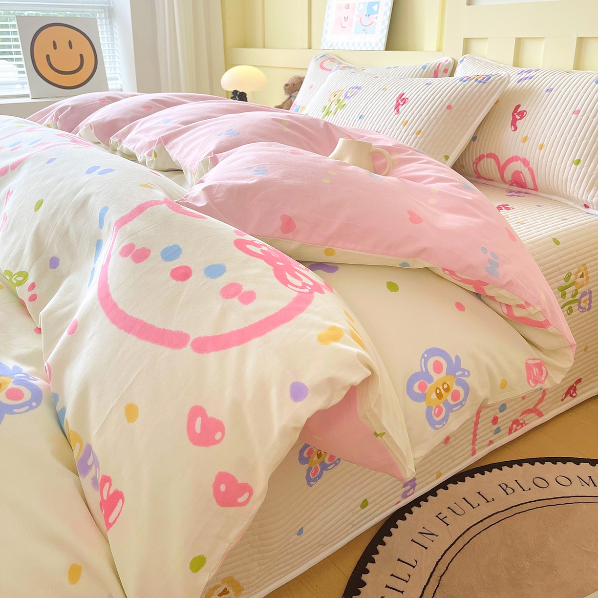 91家纺网 家纺一手货源 找家纺 金鑫汇家纺2025新款A类全棉印花床盖四件套 奇趣小兔