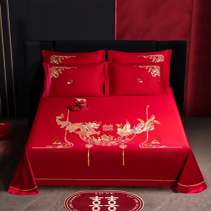 千禧家纺 2024新款长绒棉绣花婚庆三件套 乘龙配凤