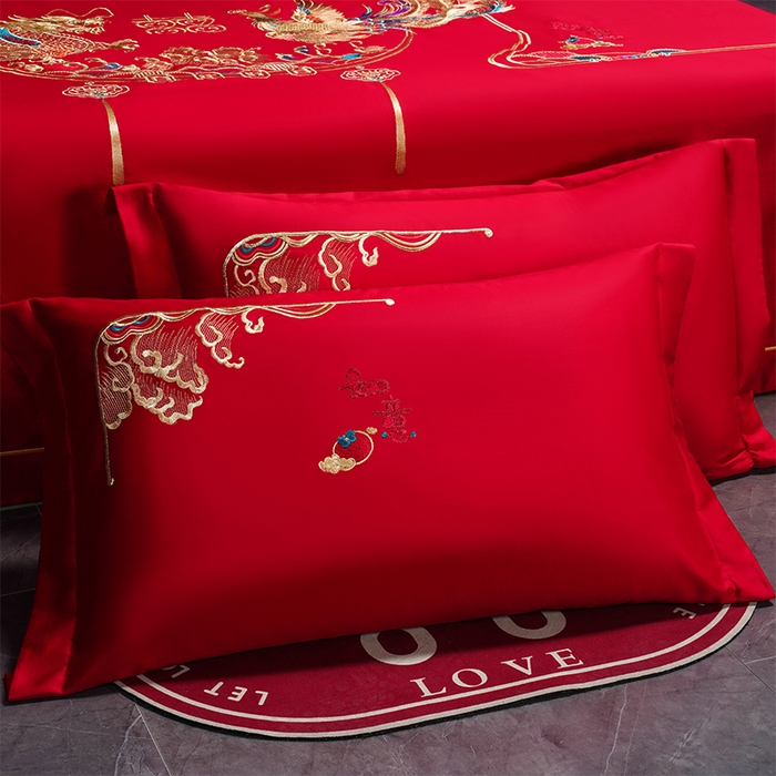 91家纺网 家纺一手货源 找家纺 千禧家纺 2024新款长绒棉绣花婚庆三件套 乘龙配凤