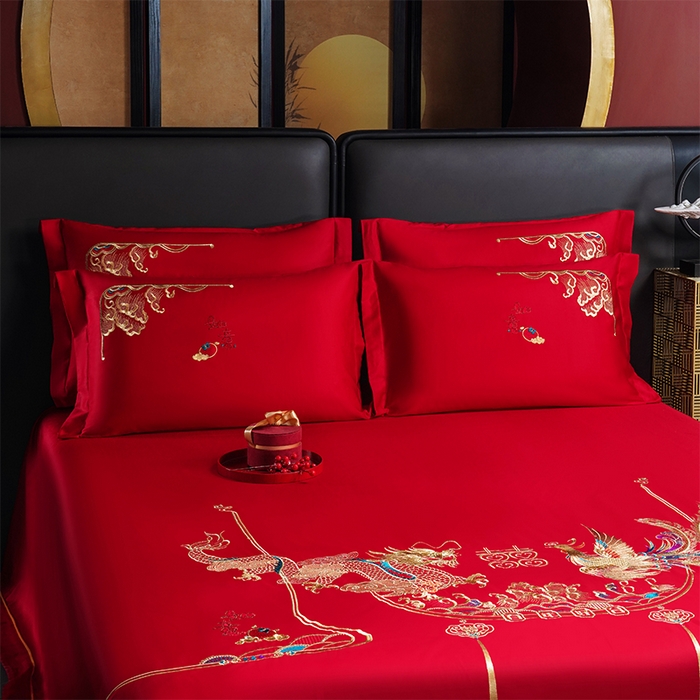 91家纺网 家纺一手货源 找家纺 千禧家纺 2024新款长绒棉绣花婚庆三件套 乘龙配凤