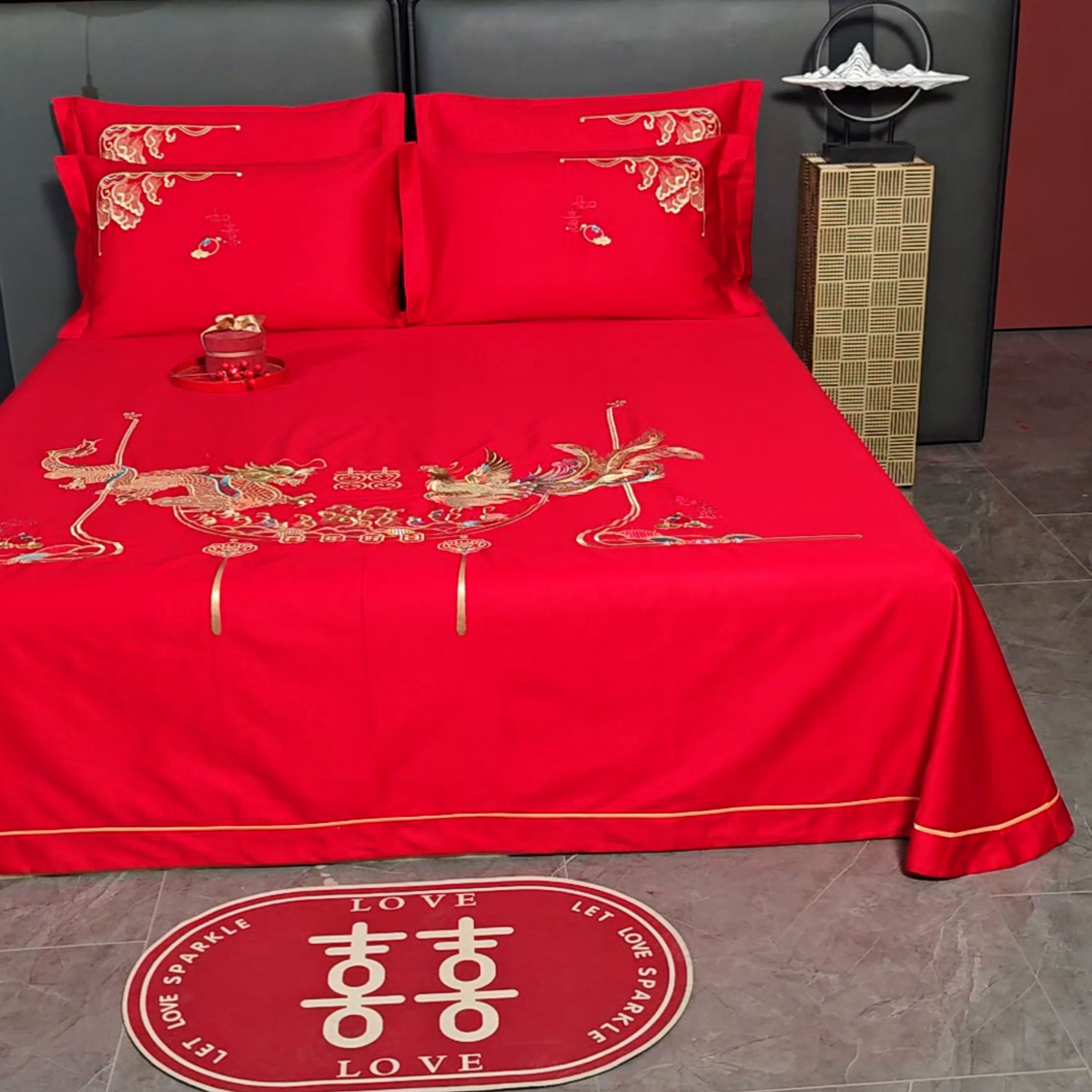 91家纺网 家纺一手货源 找家纺 千禧家纺 2024新款长绒棉绣花婚庆三件套 乘龙配凤