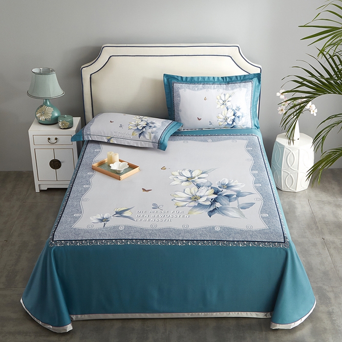 91家纺网 家纺一手货源 找家纺 威克凯丽 2025新款定位款竹语天丝软凉席三件套 繁花梦语-绿