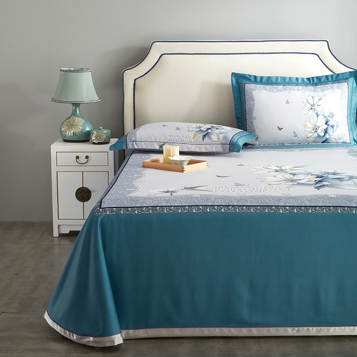 91家纺网 家纺一手货源 找家纺 威克凯丽 2025新款定位款竹语天丝软凉席三件套 繁花梦语-绿