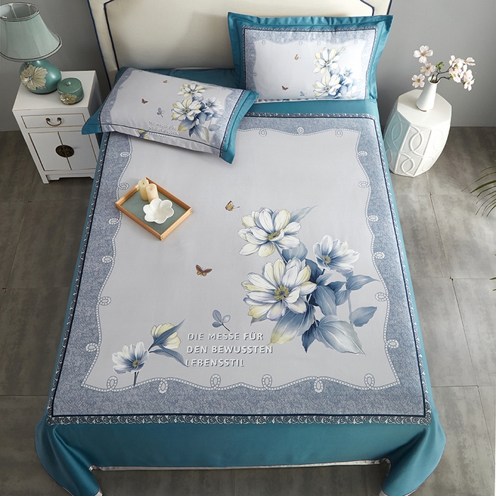 91家纺网 家纺一手货源 找家纺 威克凯丽 2025新款定位款竹语天丝软凉席三件套 繁花梦语-绿