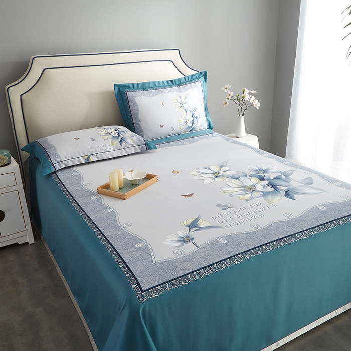 91家纺网 家纺一手货源 找家纺 威克凯丽 2025新款定位款竹语天丝软凉席三件套 繁花梦语-绿