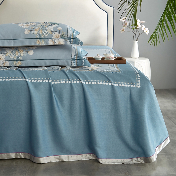 91家纺网 家纺一手货源 找家纺 威克凯丽 2025新款定位款竹语天丝软凉席三件套 归田园-绿