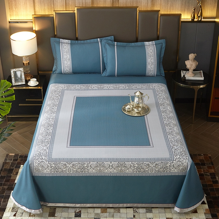 91家纺网 家纺一手货源 找家纺 威克凯丽 2025新款定位款竹语天丝软凉席三件套 漫步田园-海蓝