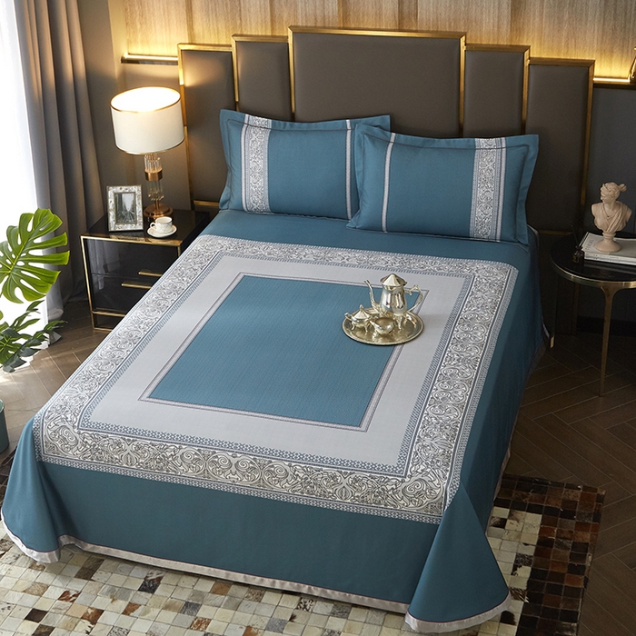 91家纺网 家纺一手货源 找家纺 威克凯丽 2025新款定位款竹语天丝软凉席三件套 漫步田园-海蓝