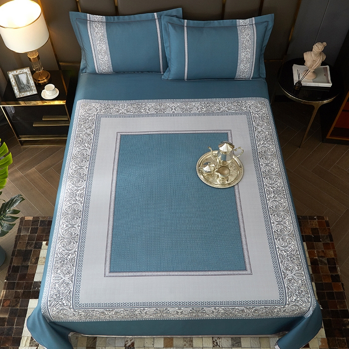 91家纺网 家纺一手货源 找家纺 威克凯丽 2025新款定位款竹语天丝软凉席三件套 漫步田园-海蓝