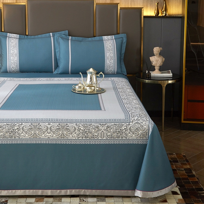 91家纺网 家纺一手货源 找家纺 威克凯丽 2025新款定位款竹语天丝软凉席三件套 漫步田园-海蓝