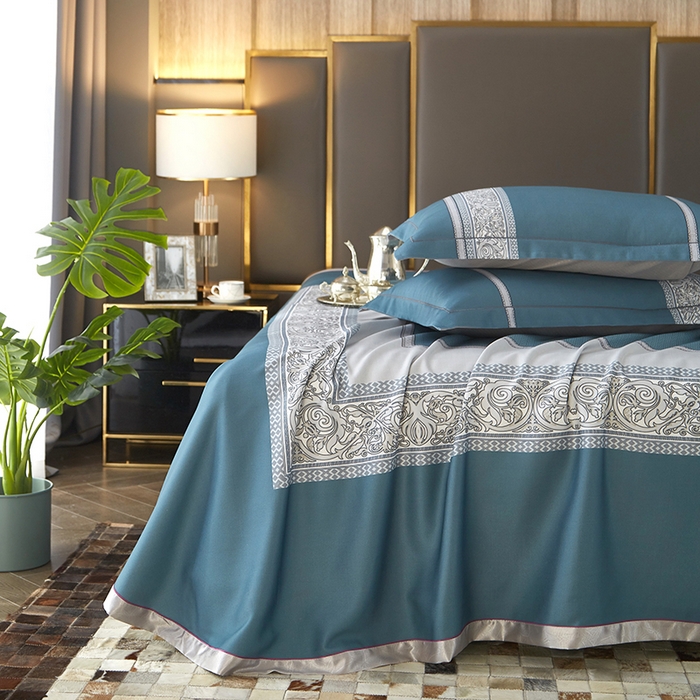 91家纺网 家纺一手货源 找家纺 威克凯丽 2025新款定位款竹语天丝软凉席三件套 漫步田园-海蓝