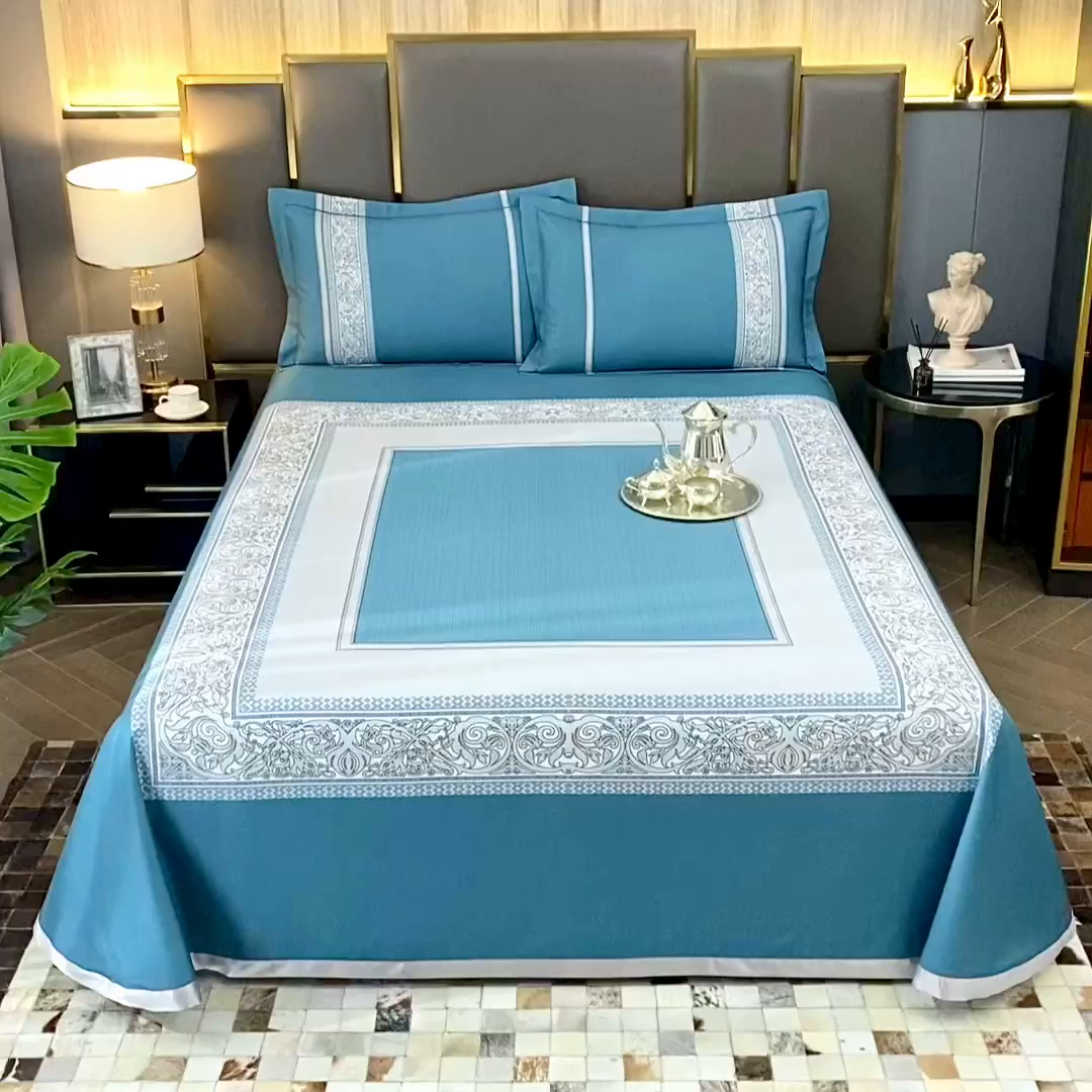 91家纺网 家纺一手货源 找家纺 威克凯丽 2025新款定位款竹语天丝软凉席三件套 漫步田园-海蓝