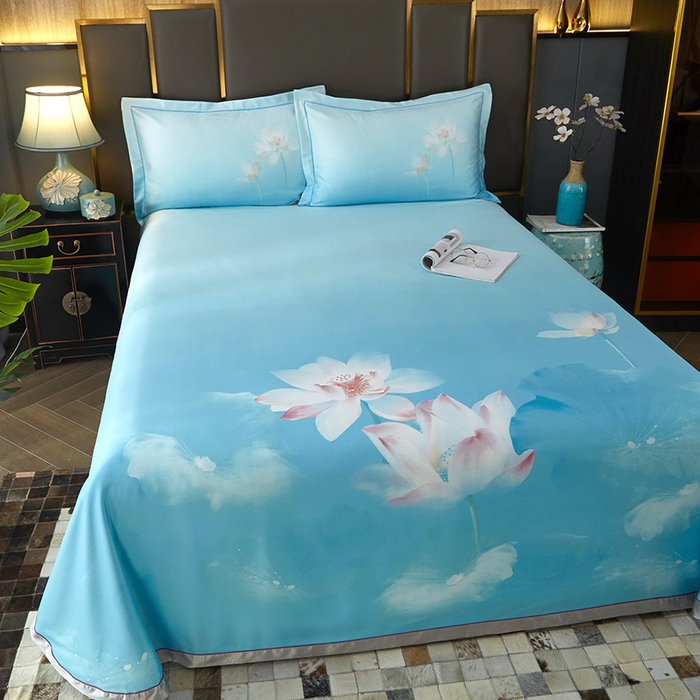 91家纺网 家纺一手货源 找家纺 威克凯丽 2025新款定位款竹语天丝软凉席三件套 青莲