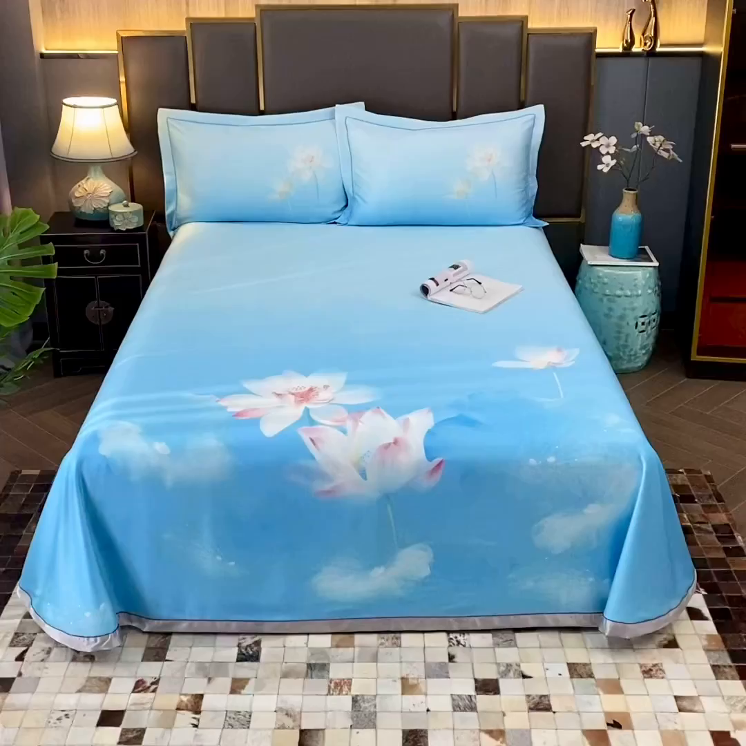 91家纺网 家纺一手货源 找家纺 威克凯丽 2025新款定位款竹语天丝软凉席三件套 青莲