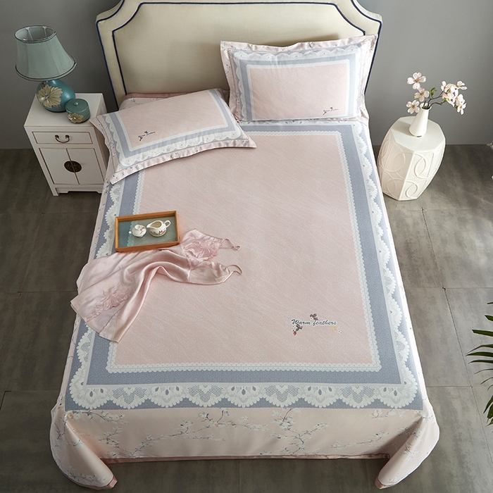 91家纺网 家纺一手货源 找家纺 威克凯丽 2025新款定位款竹语天丝软凉席三件套 夏沫-玉粉