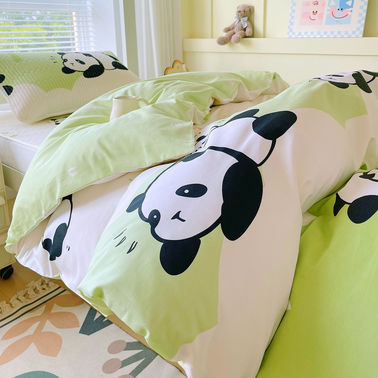 91家纺网 家纺一手货源 找家纺 金鑫汇家纺2025新款A类宿舍全棉印花床盖三件套 可爱熊猫