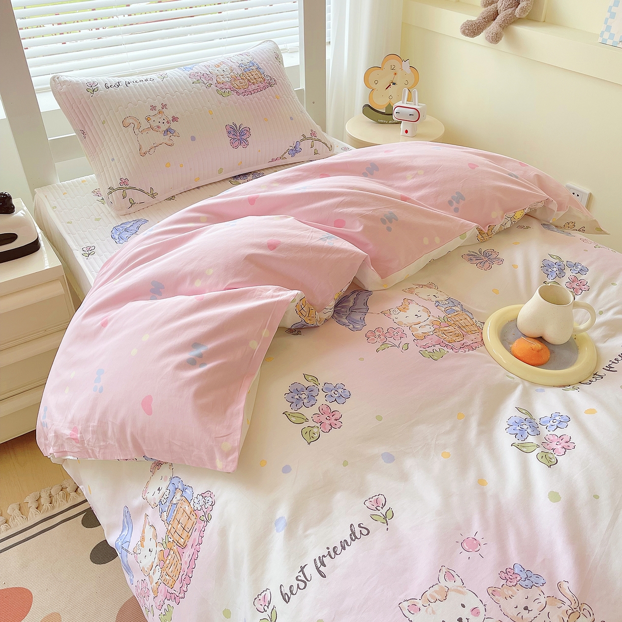 91家纺网 家纺一手货源 找家纺 金鑫汇家纺2025新款A类宿舍全棉印花床盖三件套 喵喵日记