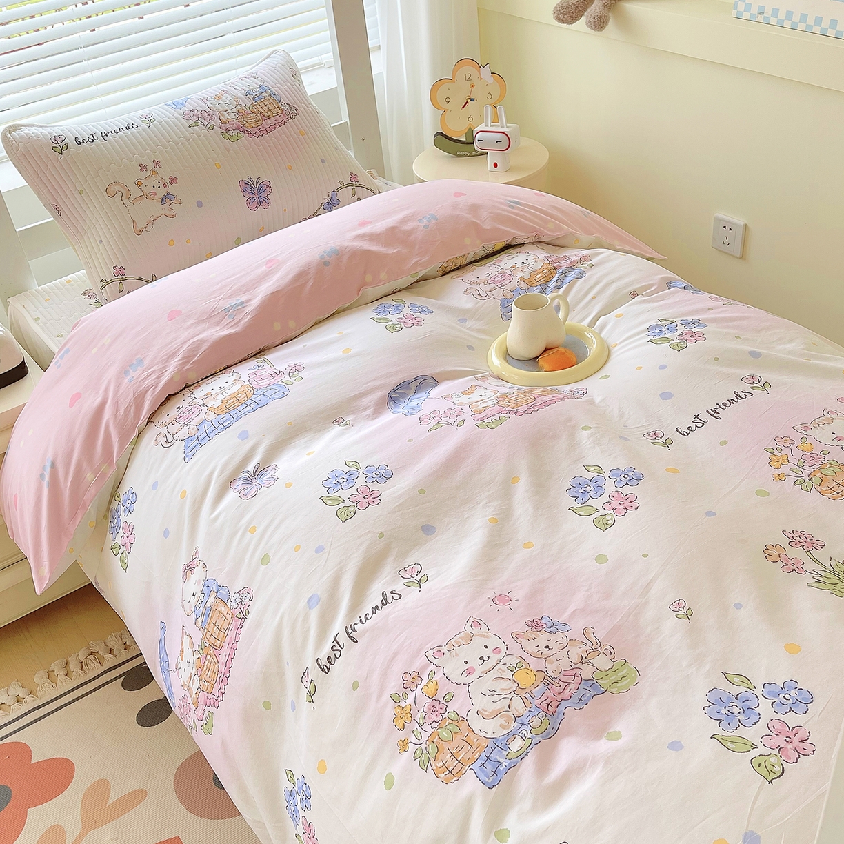 91家纺网 家纺一手货源 找家纺 金鑫汇家纺2025新款A类宿舍全棉印花床盖三件套 喵喵日记