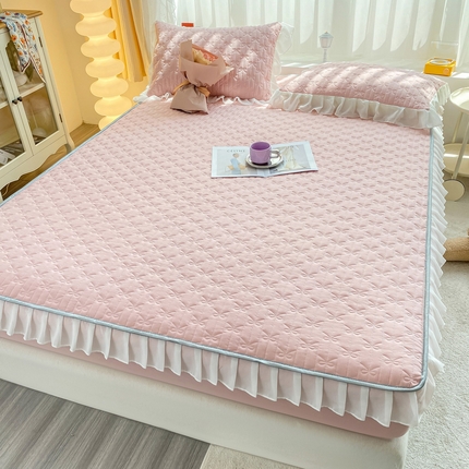 91家纺网 家纺一手货源 找家纺 眠势力 2025新款韩版花边夹棉床笠单件公主风四季款床垫保护套床罩 纯色系-蜜桃粉