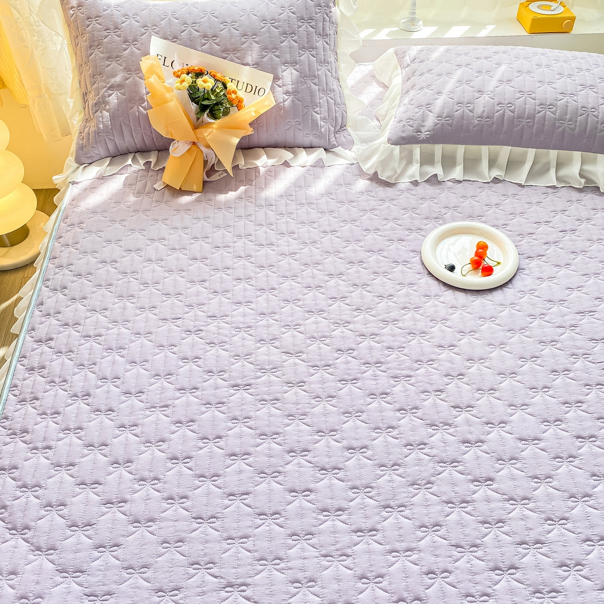 91家纺网 家纺一手货源 找家纺 眠势力 2025新款韩版花边夹棉床笠单件公主风四季款床垫保护套床罩 纯色系-优雅紫