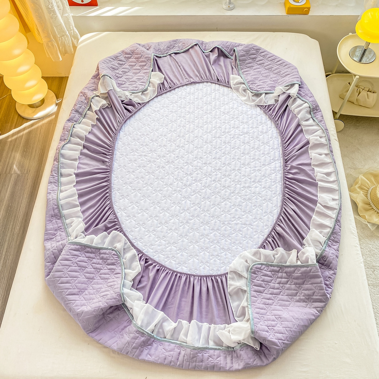 91家纺网 家纺一手货源 找家纺 眠势力 2025新款韩版花边夹棉床笠单件公主风四季款床垫保护套床罩 纯色系-优雅紫