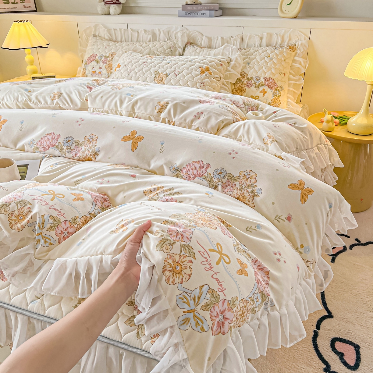 91家纺网 家纺一手货源 找家纺 眠势力 2025新款韩版花边夹棉床笠单件公主风四季款床垫保护套床罩 花语满园
