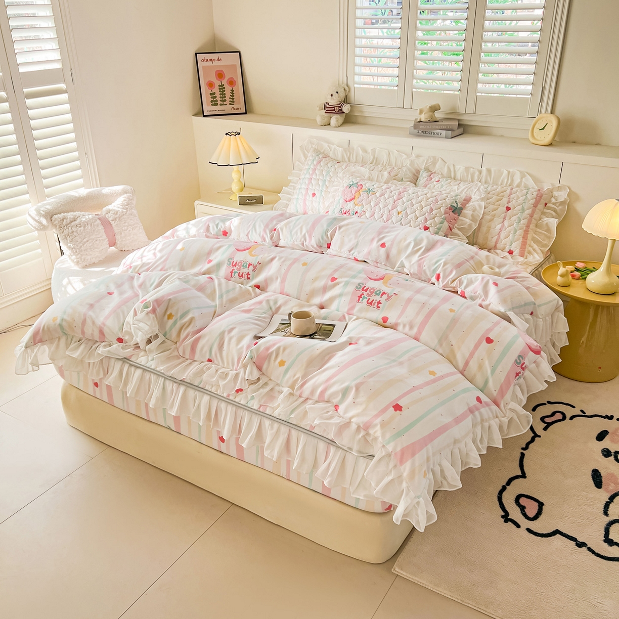 91家纺网 家纺一手货源 找家纺 眠势力 2025新款韩版花边夹棉床笠单件公主风四季款床垫保护套床罩 糖果草莓