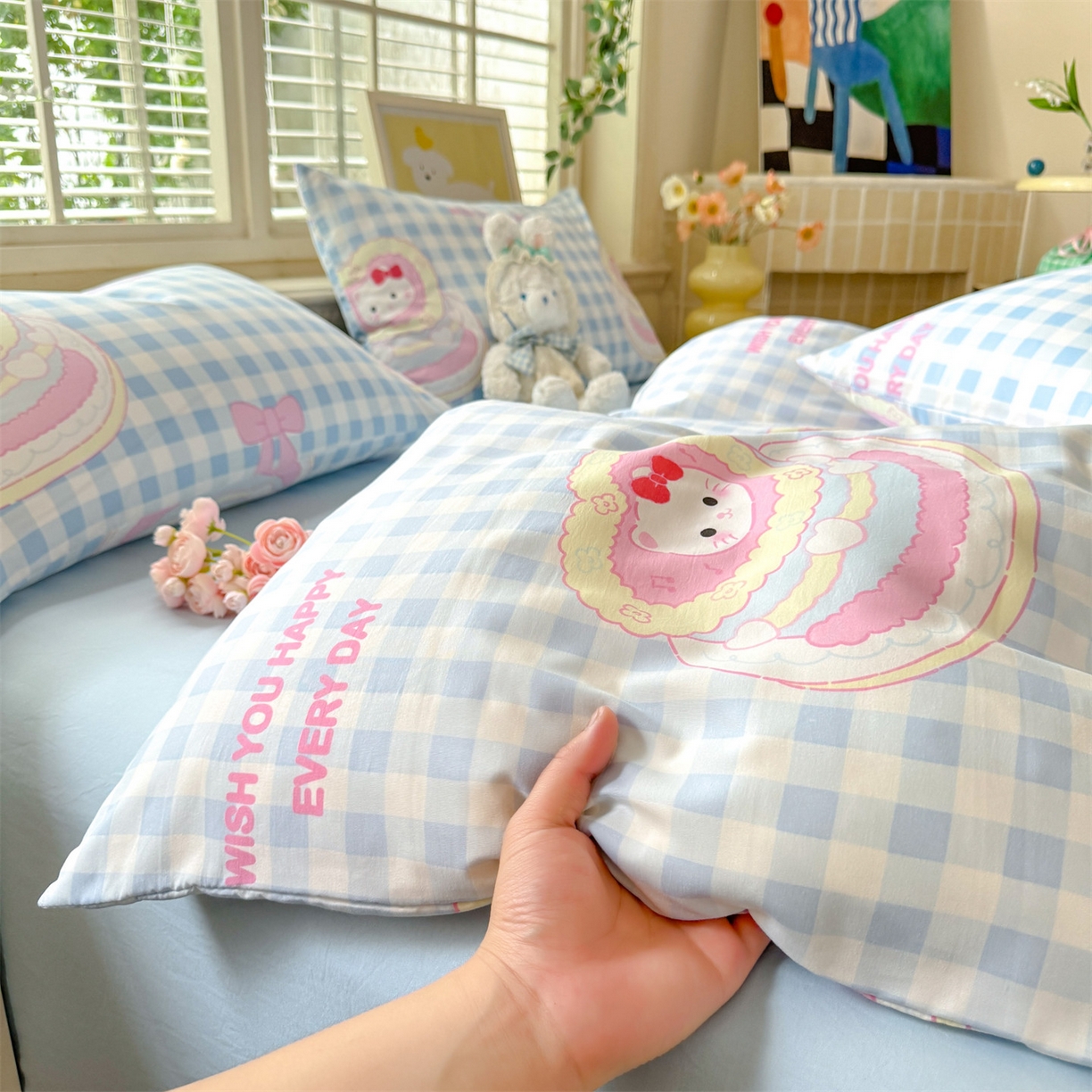 91家纺网 家纺一手货源 找家纺 多品家纺 2025新款超柔双层纱水洗棉单被套 派对猫