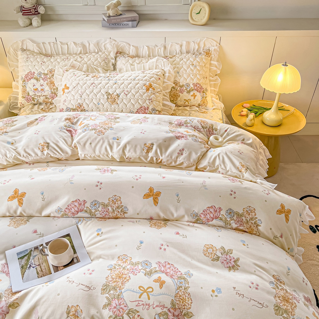 91家纺网 家纺一手货源 找家纺 眠势力 2025新款韩版花边夹棉床笠单件公主风四季款床垫保护套床罩 花语满园