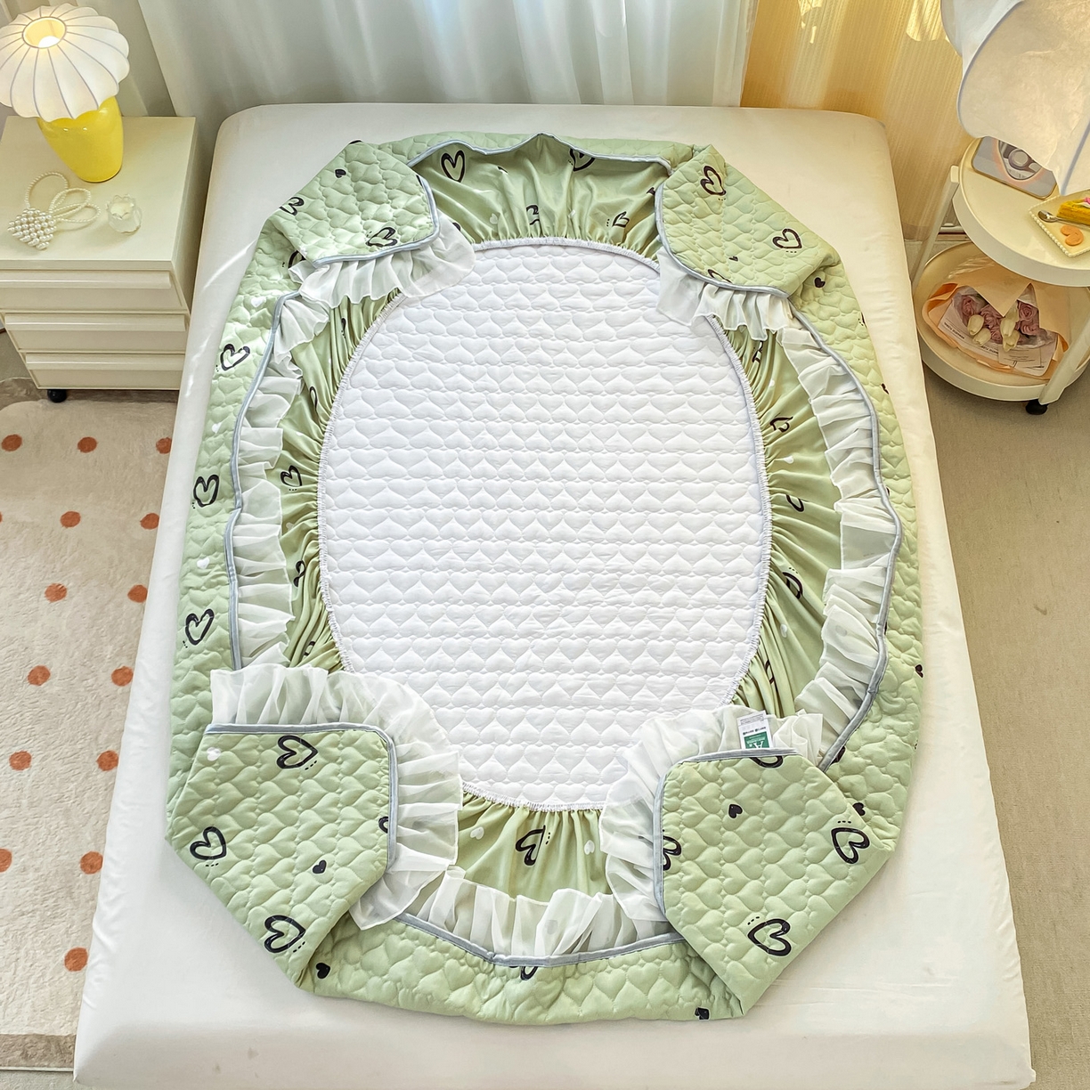 91家纺网 家纺一手货源 找家纺 眠势力 2025新款韩版花边夹棉床笠单件公主风四季款床垫保护套床罩 心心相印