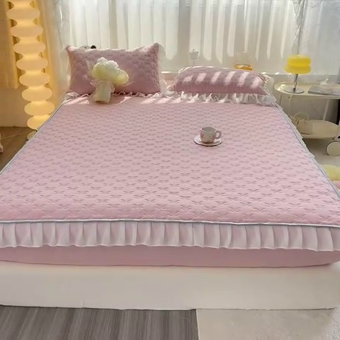 91家纺网 家纺一手货源 找家纺 眠势力 2025新款韩版花边夹棉床笠单件公主风四季款床垫保护套床罩 纯色系-蜜桃粉