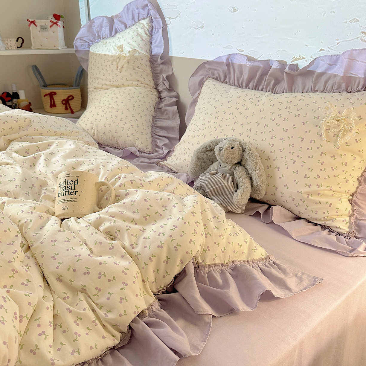 91家纺网 家纺一手货源 找家纺 瑞莱 2025新款纯棉全棉印花13372 甜美风四件套 花边紫樱桃