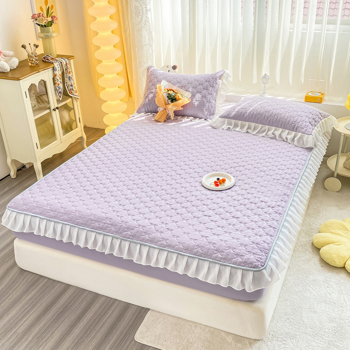 91家纺网 家纺一手货源 找家纺 眠势力 2025新款韩版花边夹棉床笠单件公主风四季款床垫保护套床罩 纯色系-优雅紫