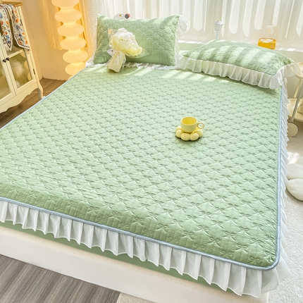91家纺网 家纺一手货源 找家纺 眠势力 2025新款韩版花边夹棉床笠单件公主风四季款床垫保护套床罩 纯色系-果绿