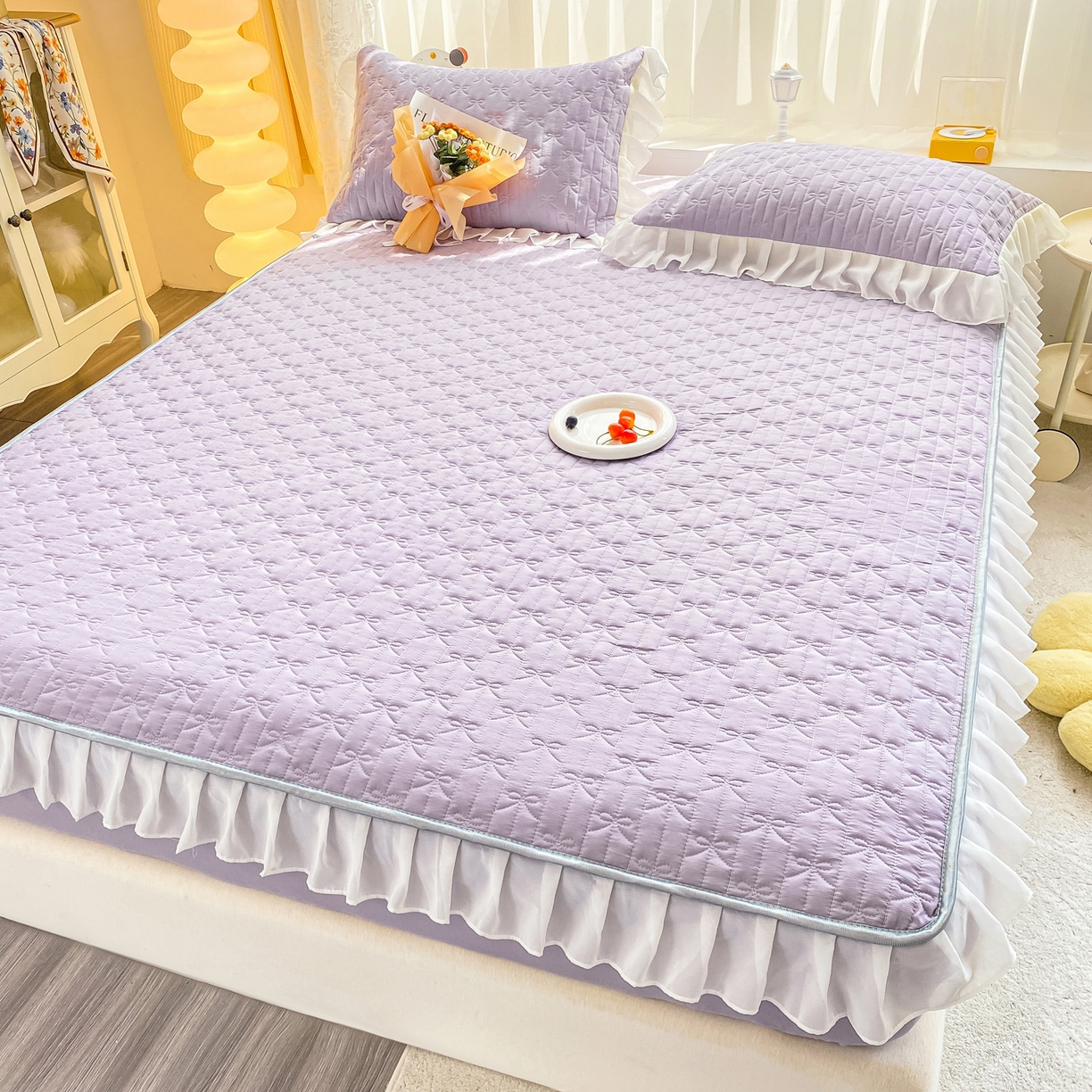91家纺网 家纺一手货源 找家纺 眠势力 2025新款韩版花边夹棉床笠单件公主风四季款床垫保护套床罩 纯色系-优雅紫