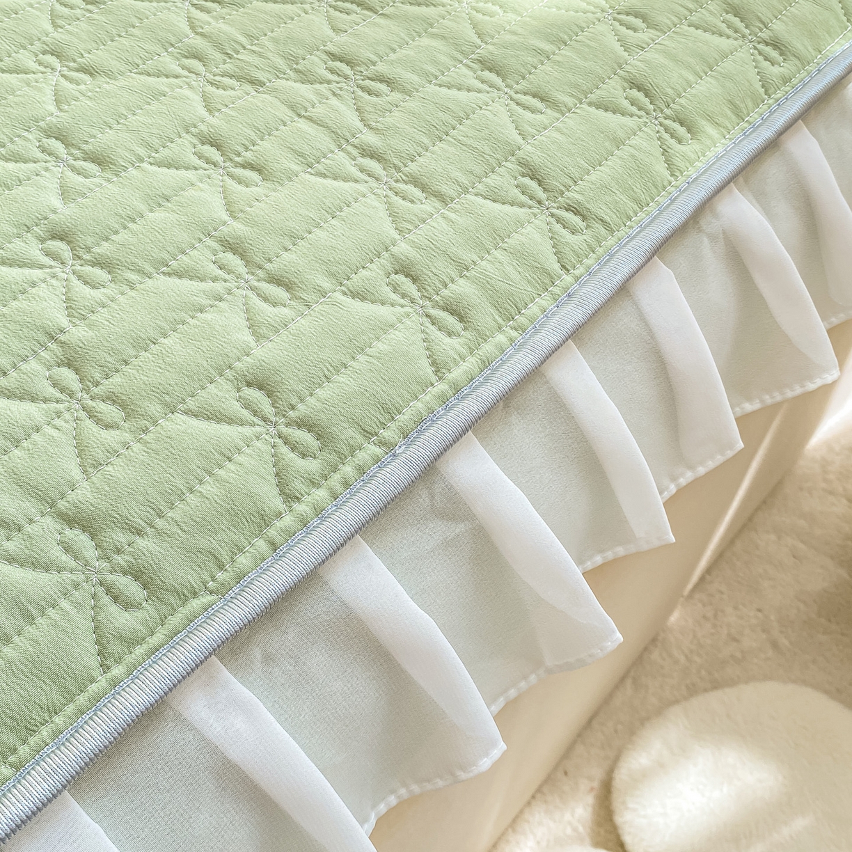 91家纺网 家纺一手货源 找家纺 眠势力 2025新款韩版花边夹棉床笠单件公主风四季款床垫保护套床罩 纯色系-果绿