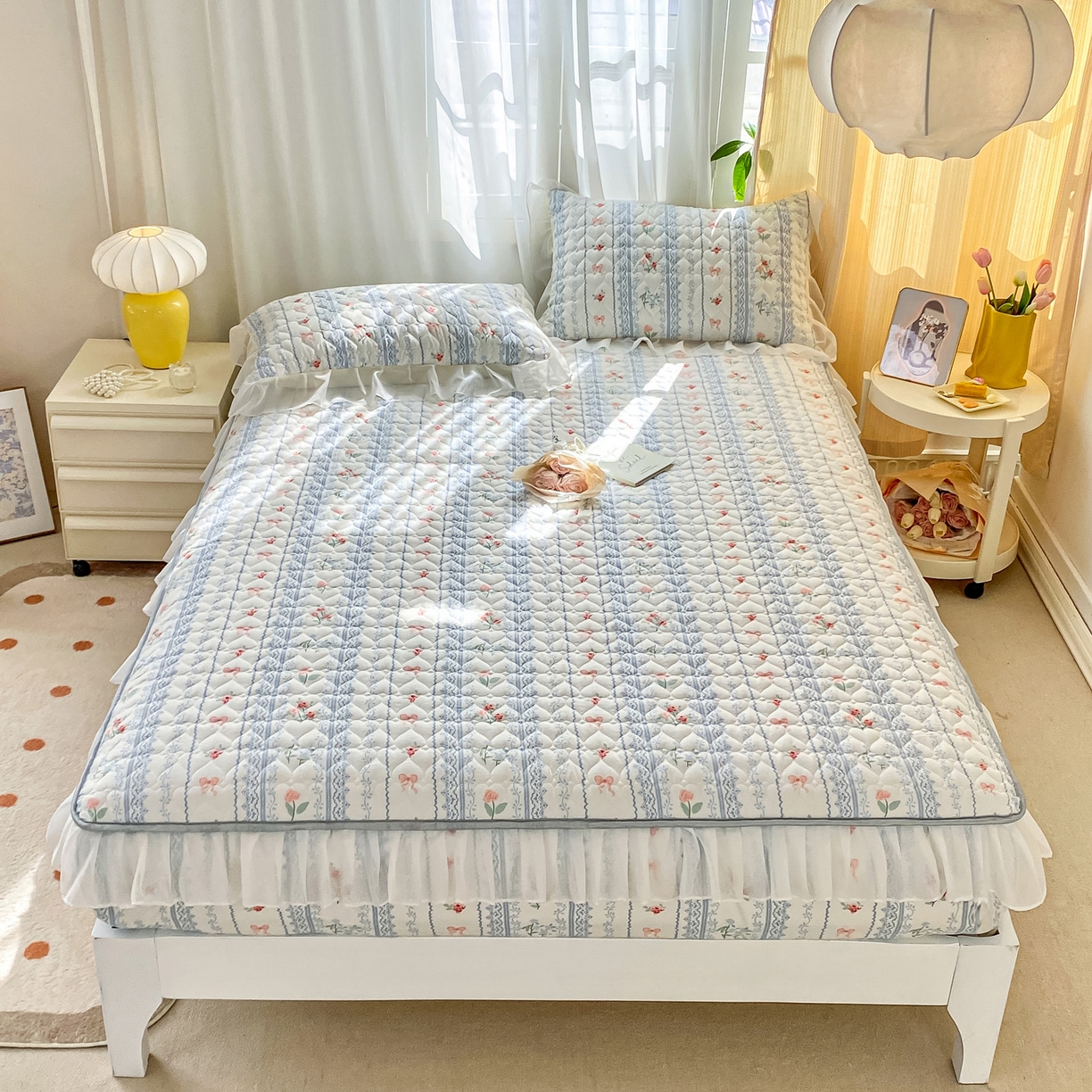 91家纺网 家纺一手货源 找家纺 眠势力 2025新款韩版花边夹棉床笠单件公主风四季款床垫保护套床罩 蓝莓芝士