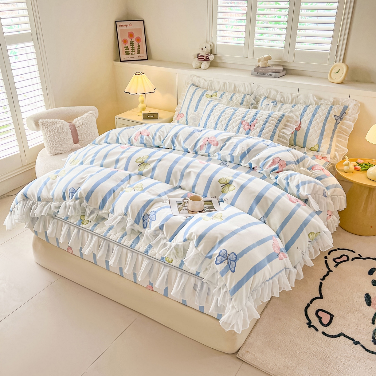 91家纺网 家纺一手货源 找家纺 眠势力 2025新款韩版花边夹棉床笠单件公主风四季款床垫保护套床罩 花蝴蝶