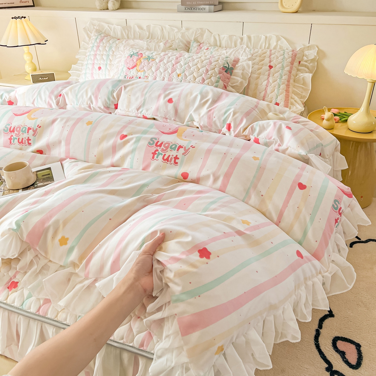 91家纺网 家纺一手货源 找家纺 眠势力 2025新款韩版花边夹棉床笠单件公主风四季款床垫保护套床罩 糖果草莓