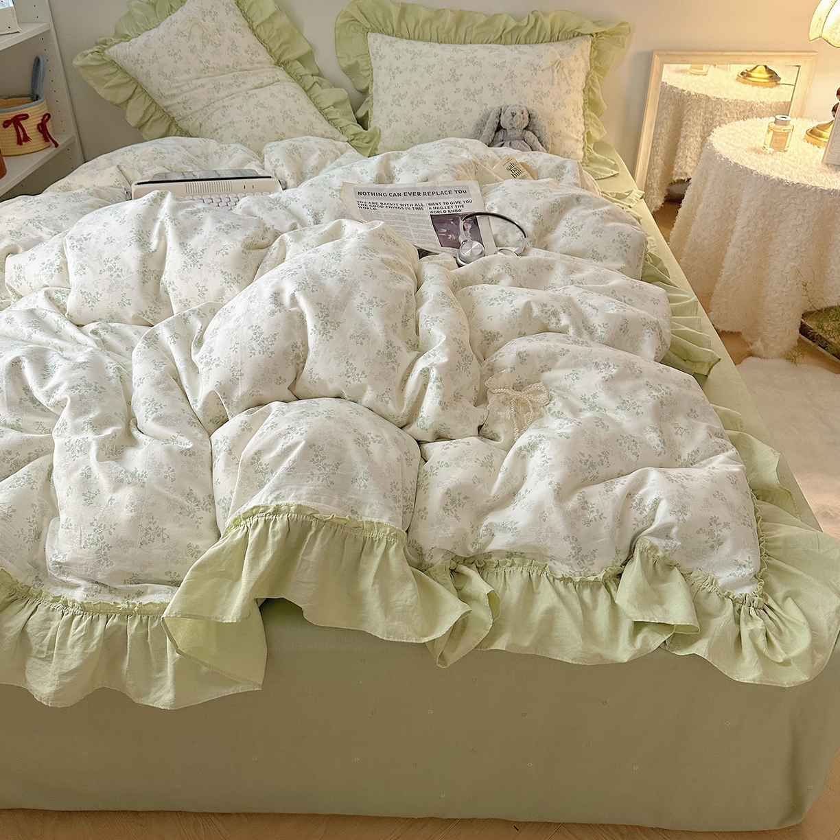 91家纺网 家纺一手货源 找家纺 瑞莱 2025新款纯棉全棉印花13372 甜美风四件套 花边春风里