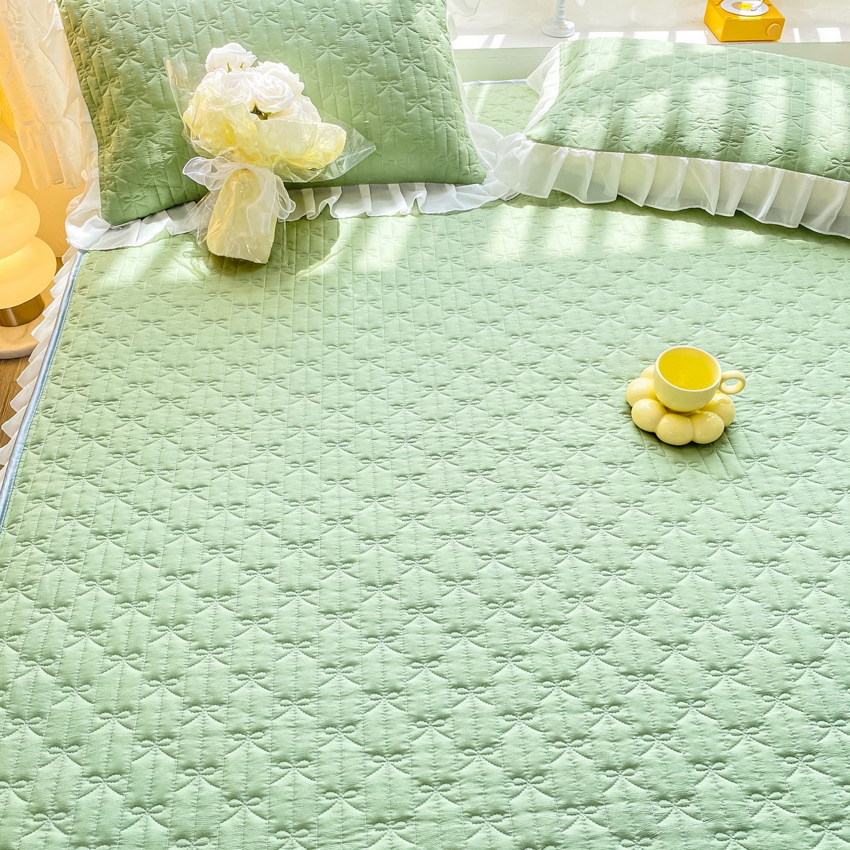 91家纺网 家纺一手货源 找家纺 眠势力 2025新款韩版花边夹棉床笠单件公主风四季款床垫保护套床罩 纯色系-果绿
