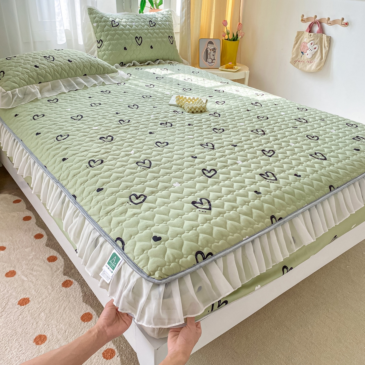 91家纺网 家纺一手货源 找家纺 眠势力 2025新款韩版花边夹棉床笠单件公主风四季款床垫保护套床罩 心心相印