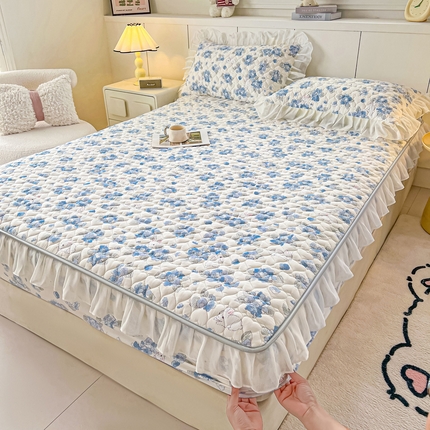 91家纺网 家纺一手货源 找家纺 眠势力 2025新款韩版花边夹棉床笠单件公主风四季款床垫保护套床罩 兰花兔