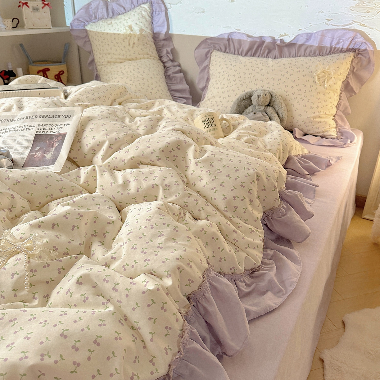 91家纺网 家纺一手货源 找家纺 瑞莱 2025新款纯棉全棉印花13372 甜美风四件套 花边紫樱桃